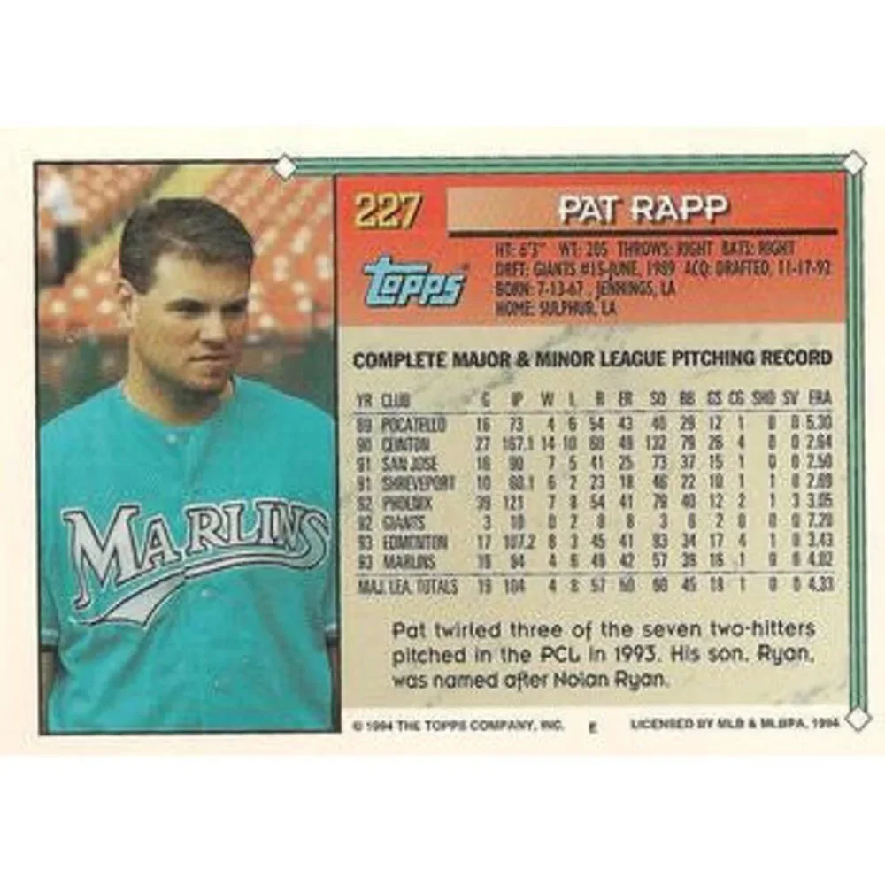 1994 Topps Pat Rapp # 227 Florida Marlins